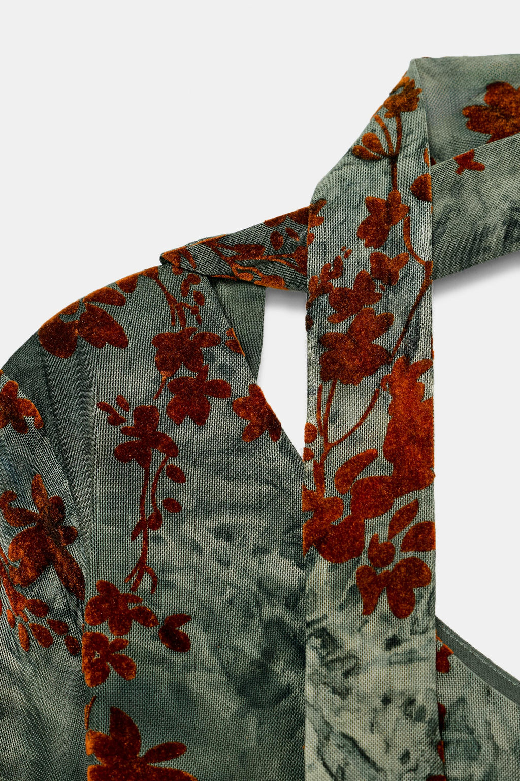 Zara Top Asimétrico Tul Flocado - Turquesa Oscuro con Flores Chocolate