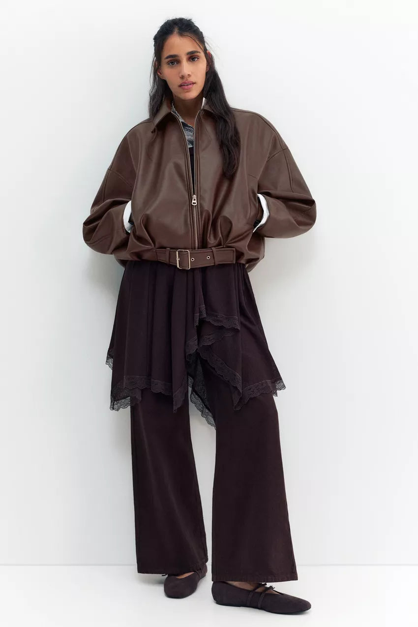 Chaqueta bomber efecto piel color chocolate Pull&Bear