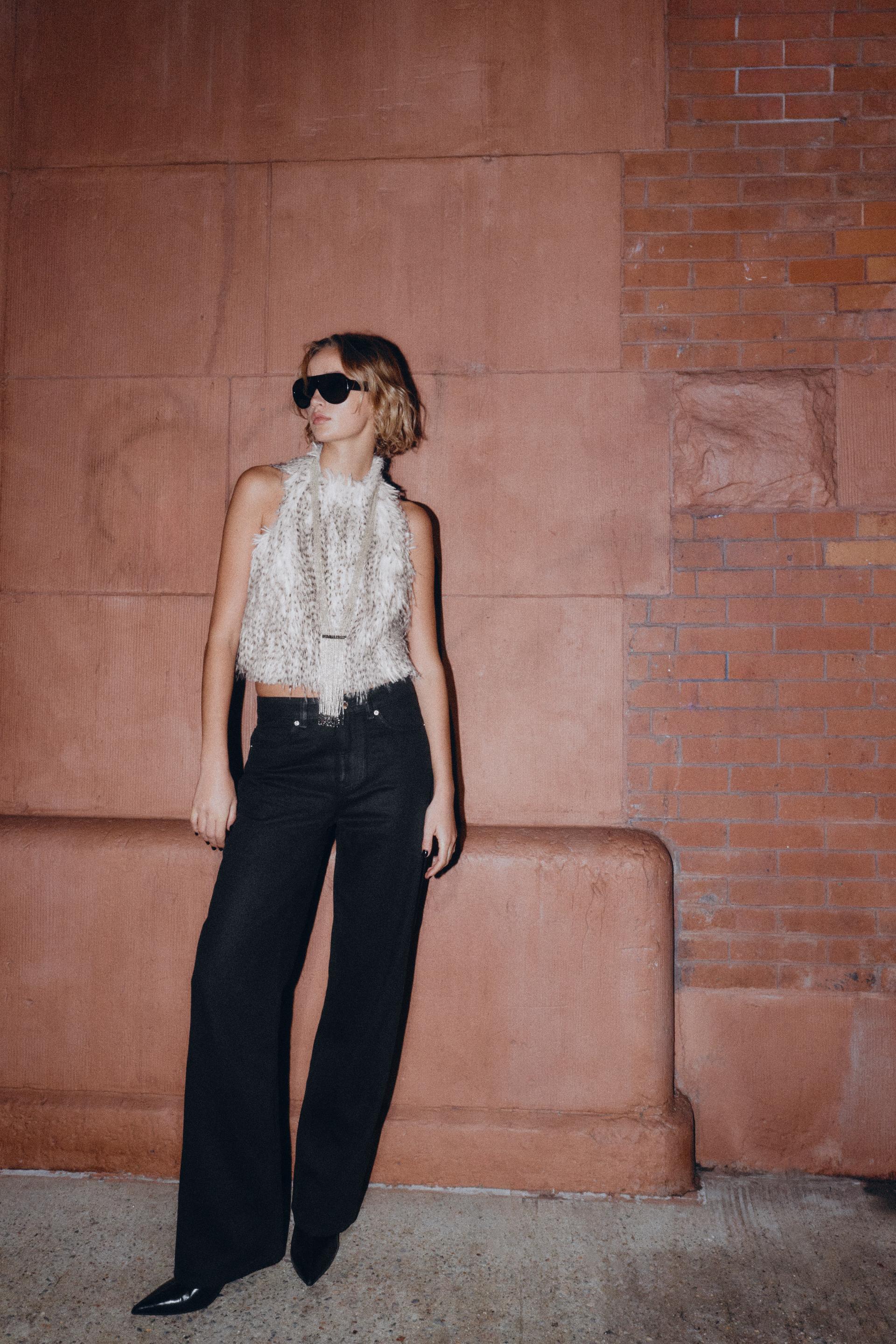 Zara Jeans Z1975 Regular Fit Tiro Alto Coated - Negro