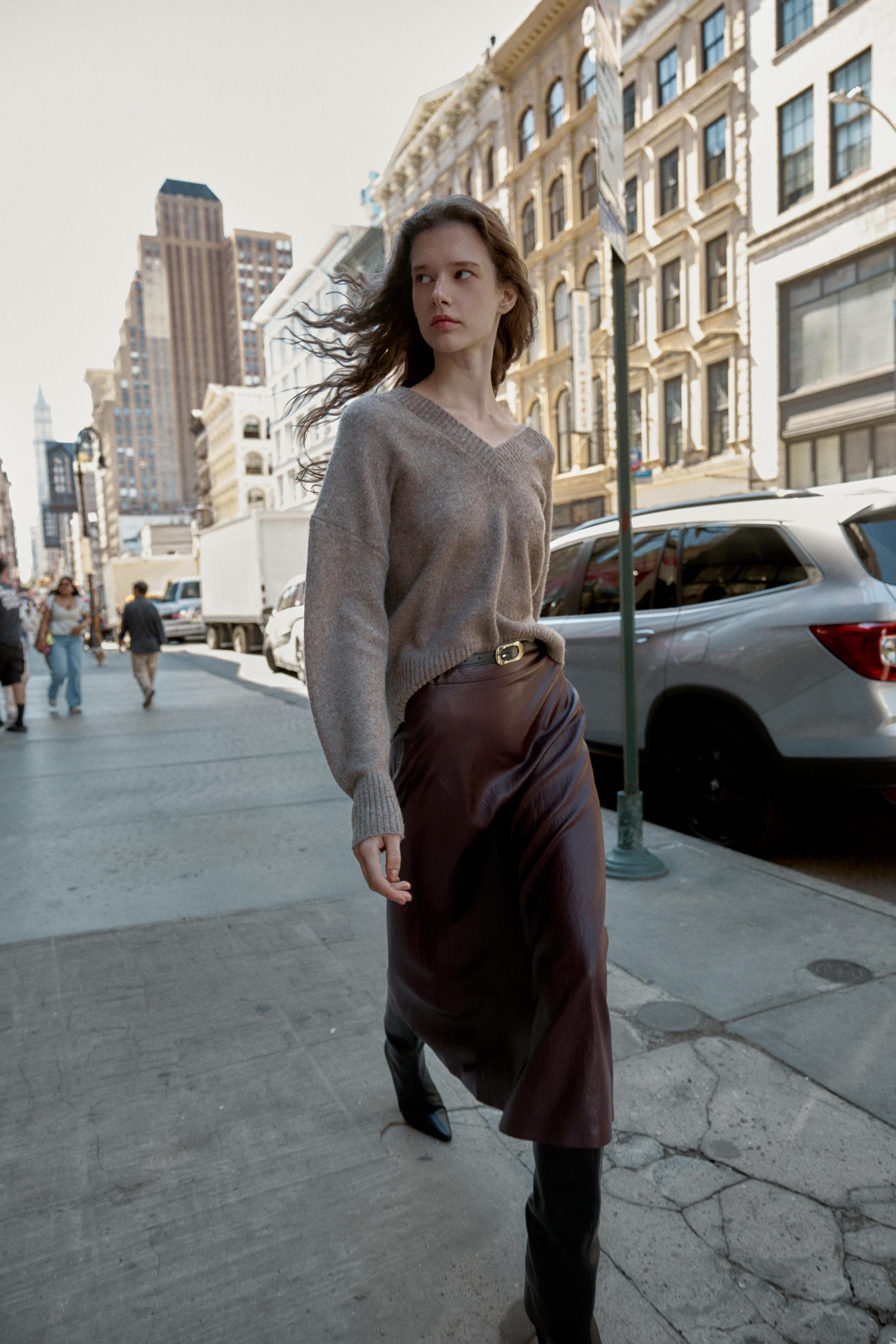 Zara Falda Midi Efecto Piel Cinturón - Marrón