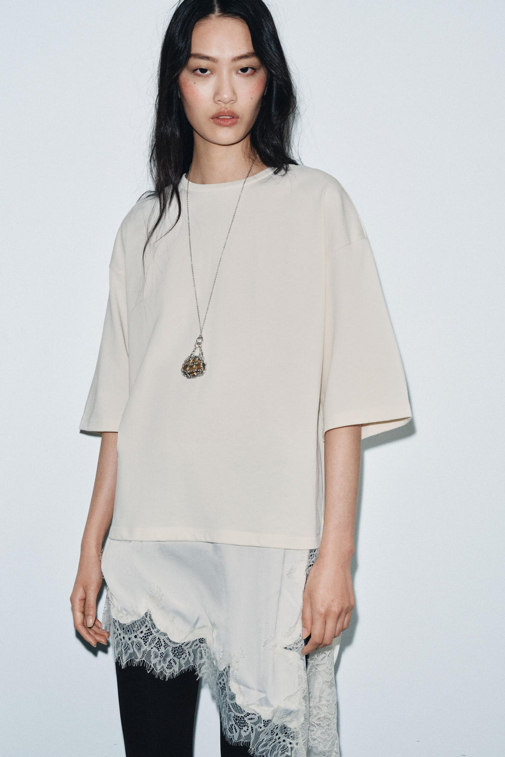 Zara Camiseta Combinada Encaje - Crudo