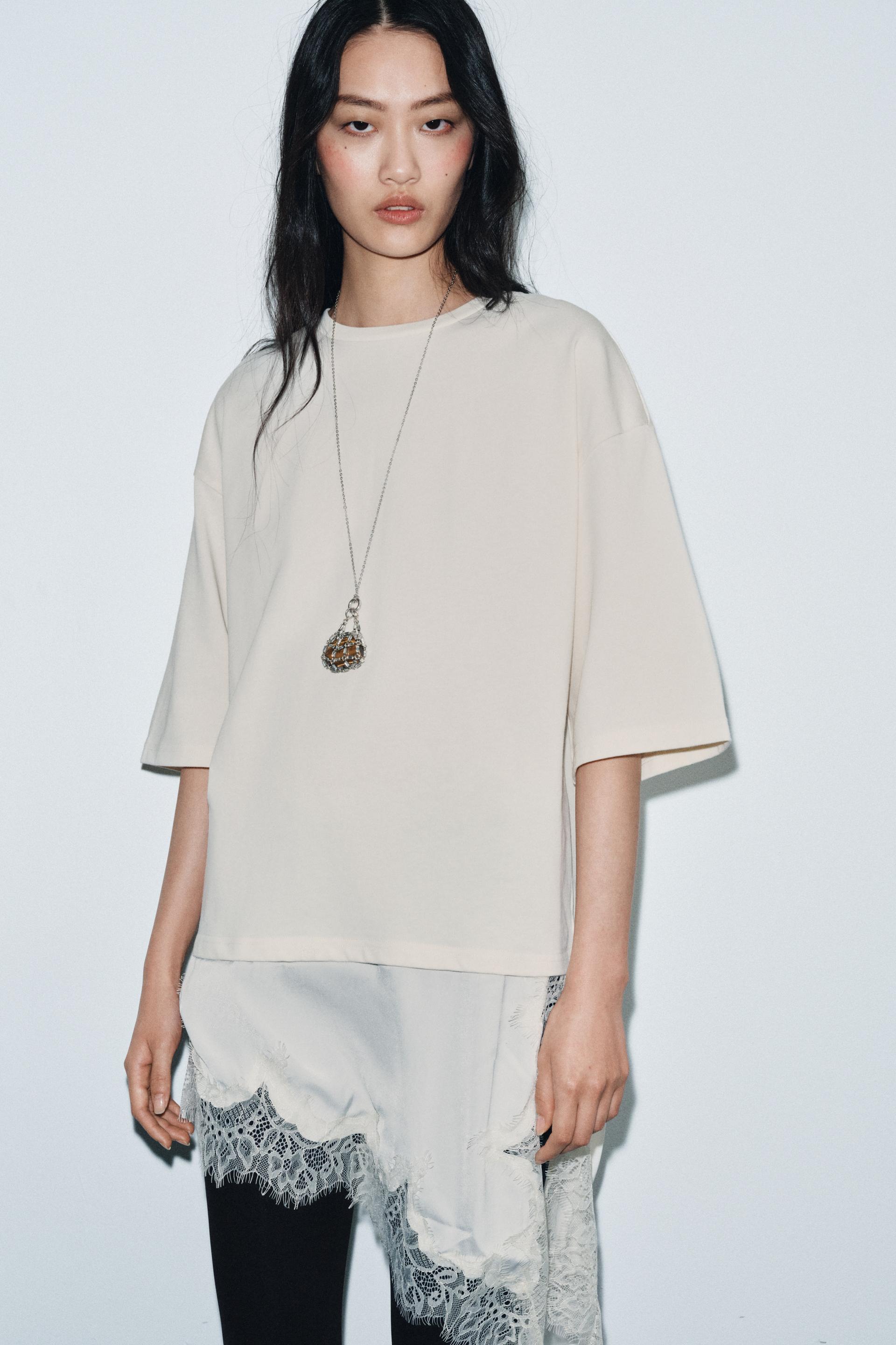 Zara Camiseta Combinada Encaje - Crudo