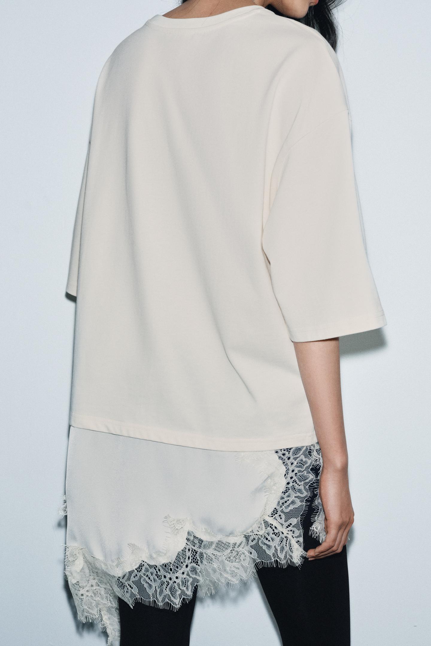 Zara Camiseta Combinada Encaje - Crudo