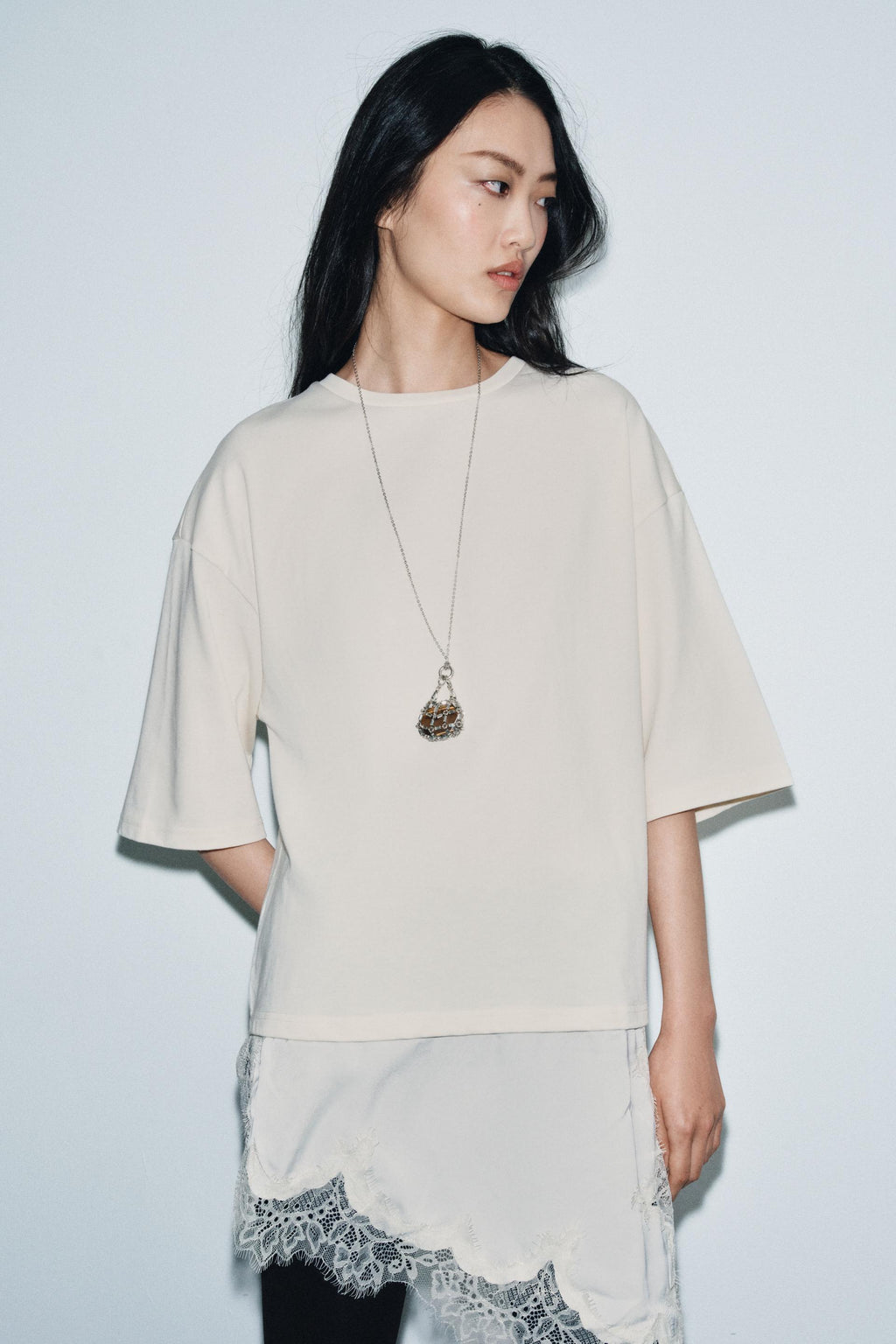 Zara Camiseta Combinada Encaje - Crudo