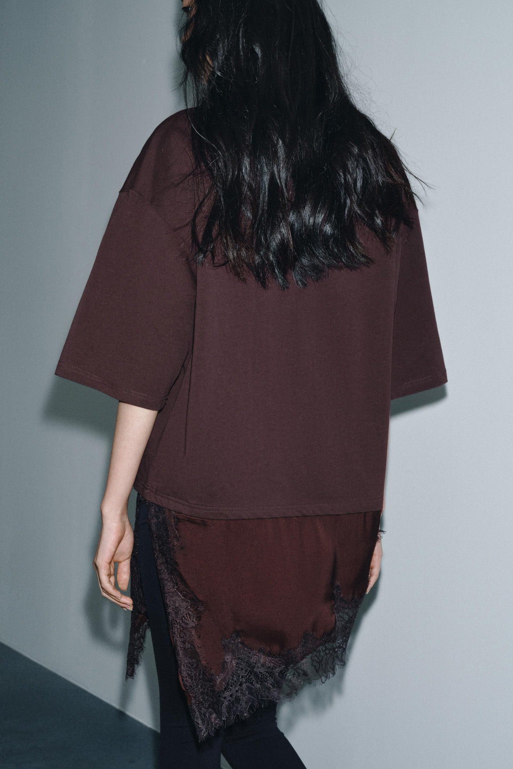 Zara Camiseta Combinada Encaje - Chocolate