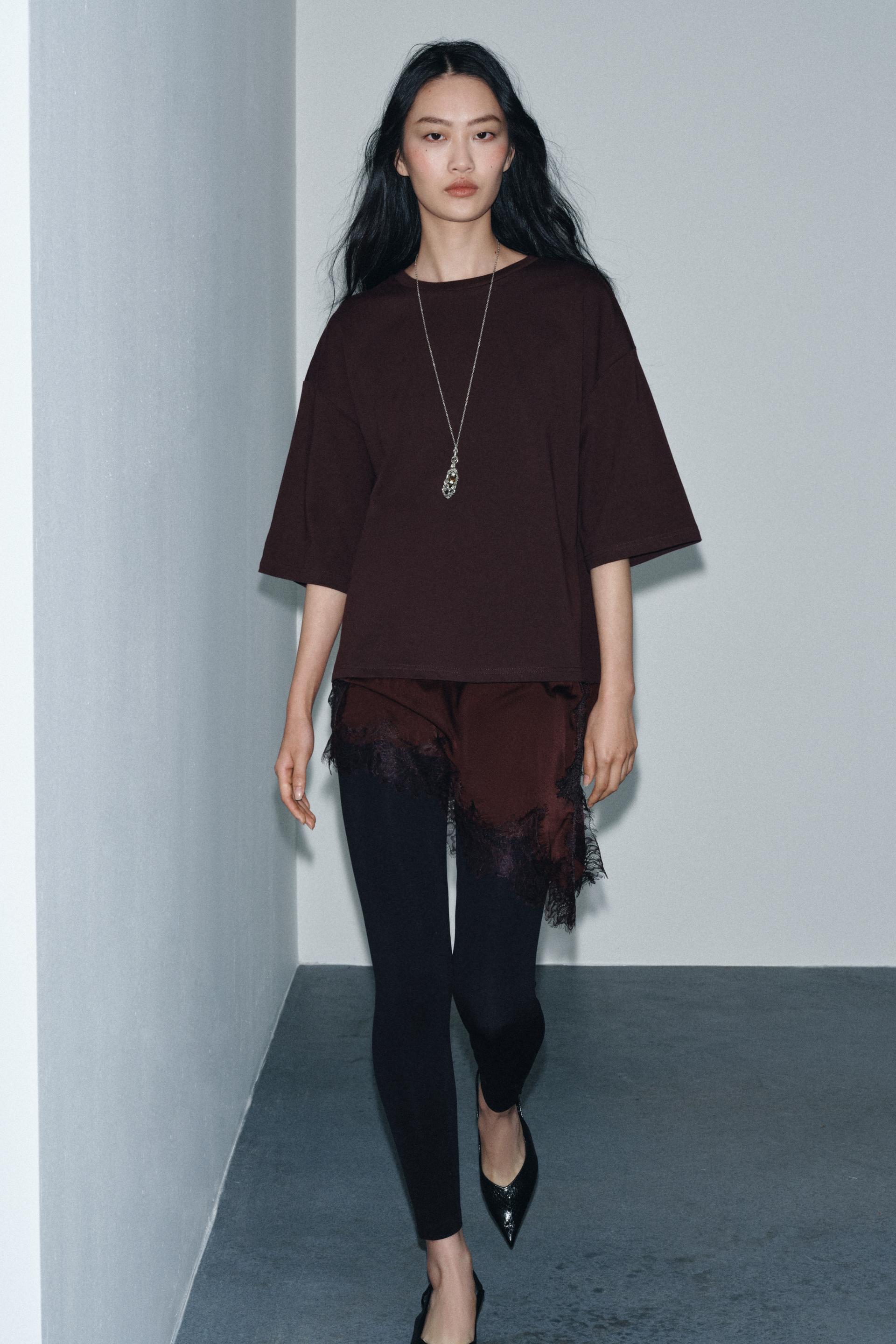 Zara Camiseta Combinada Encaje - Chocolate