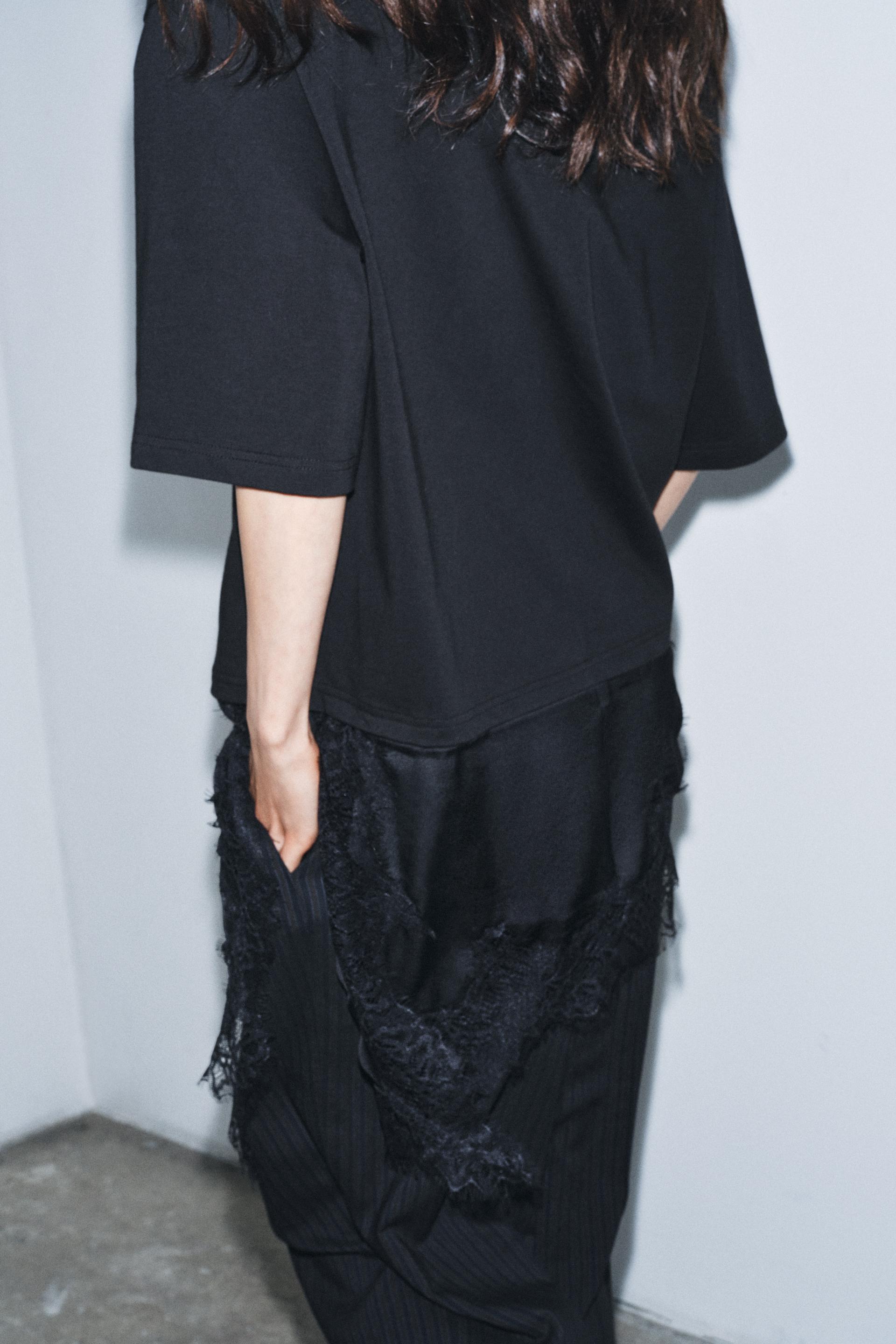 Zara Camiseta Combinada Encaje - Negro