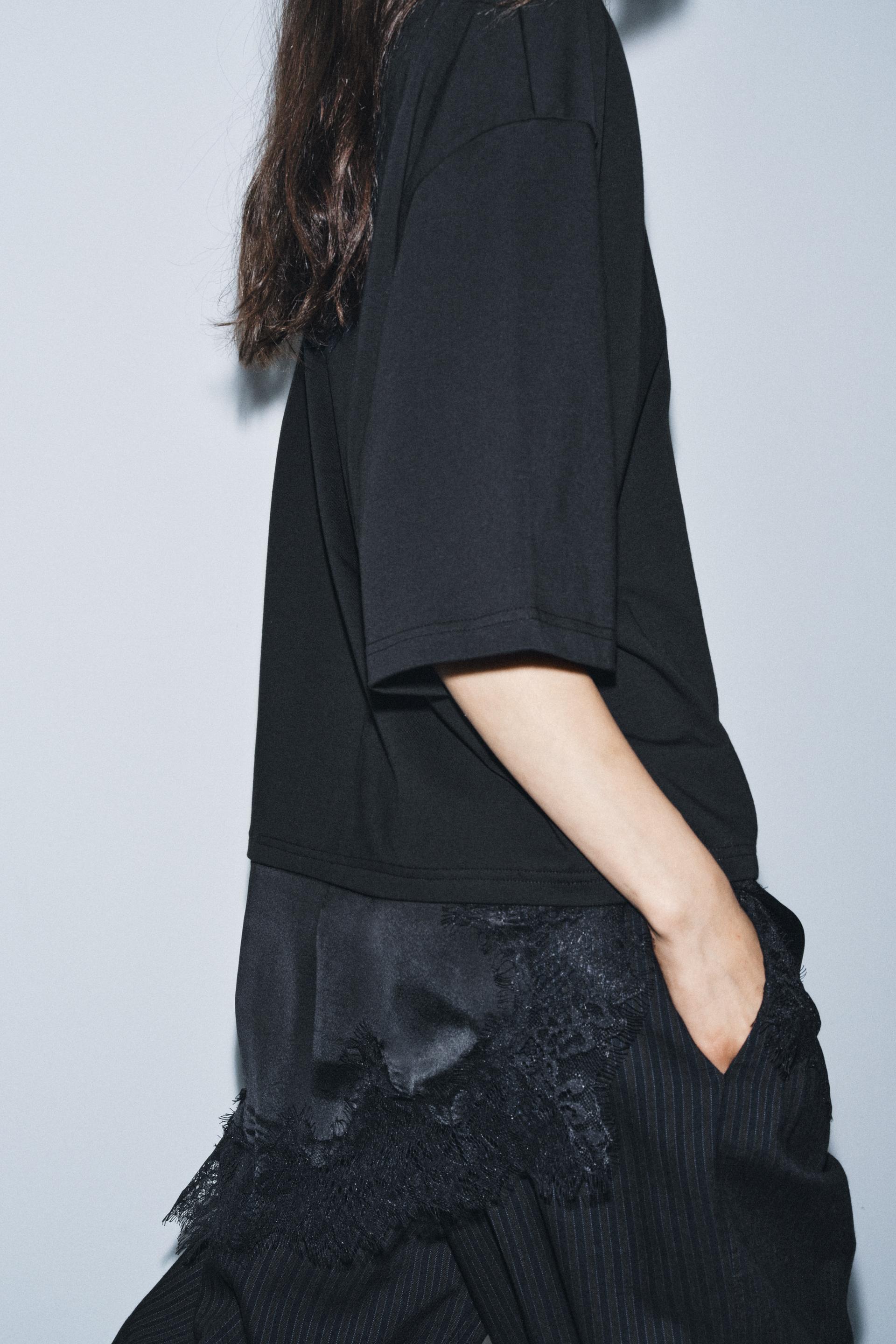 Zara Camiseta Combinada Encaje - Negro