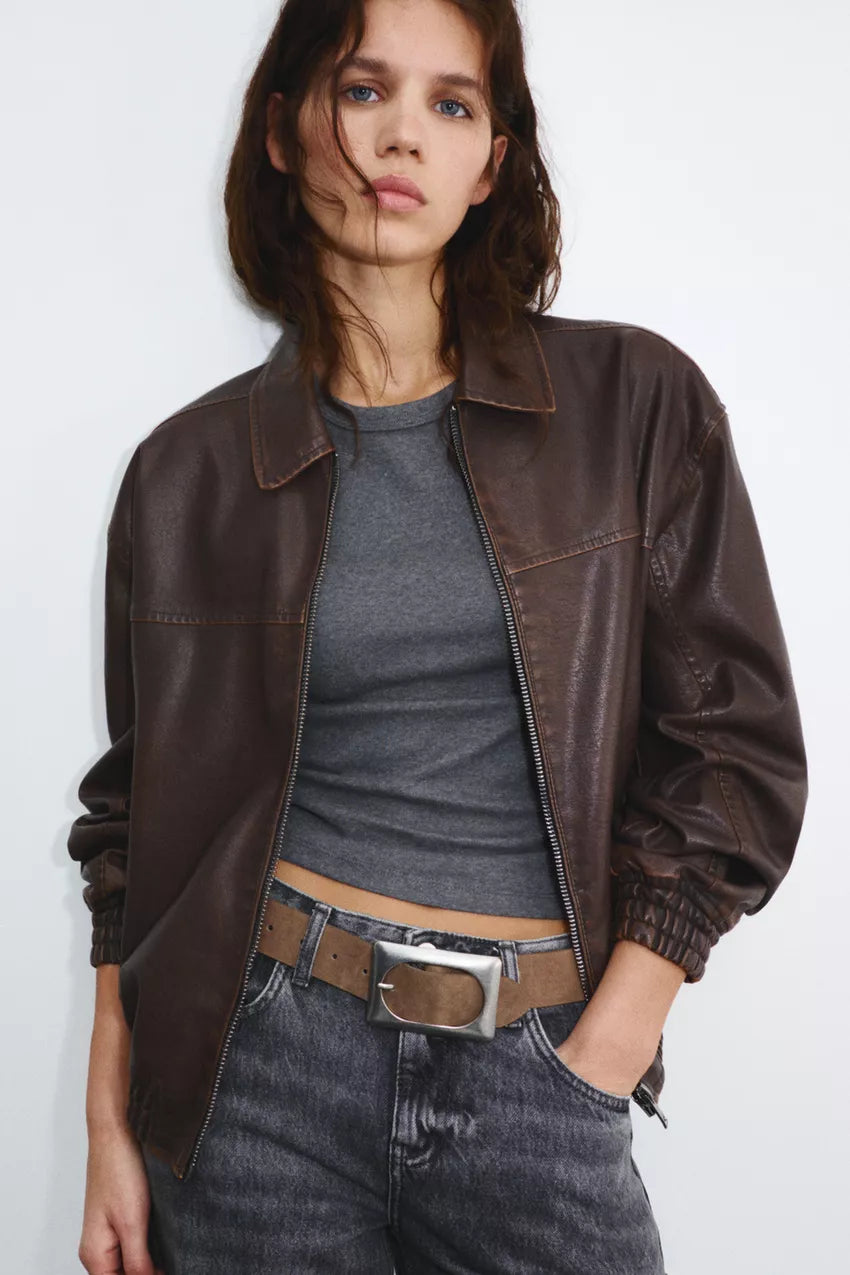 Cazadora dad efecto piel marrón antiguo Pull&Bear