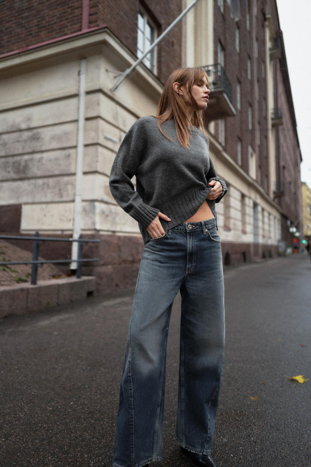 Zara Jeans TRF Baggy Barrel Tiro Medio - Azul