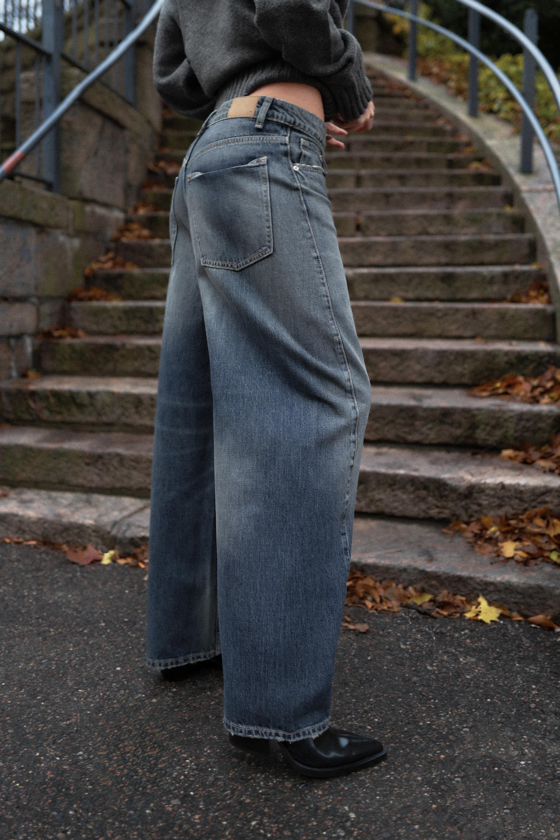 Zara Jeans TRF Baggy Barrel Tiro Medio - Azul