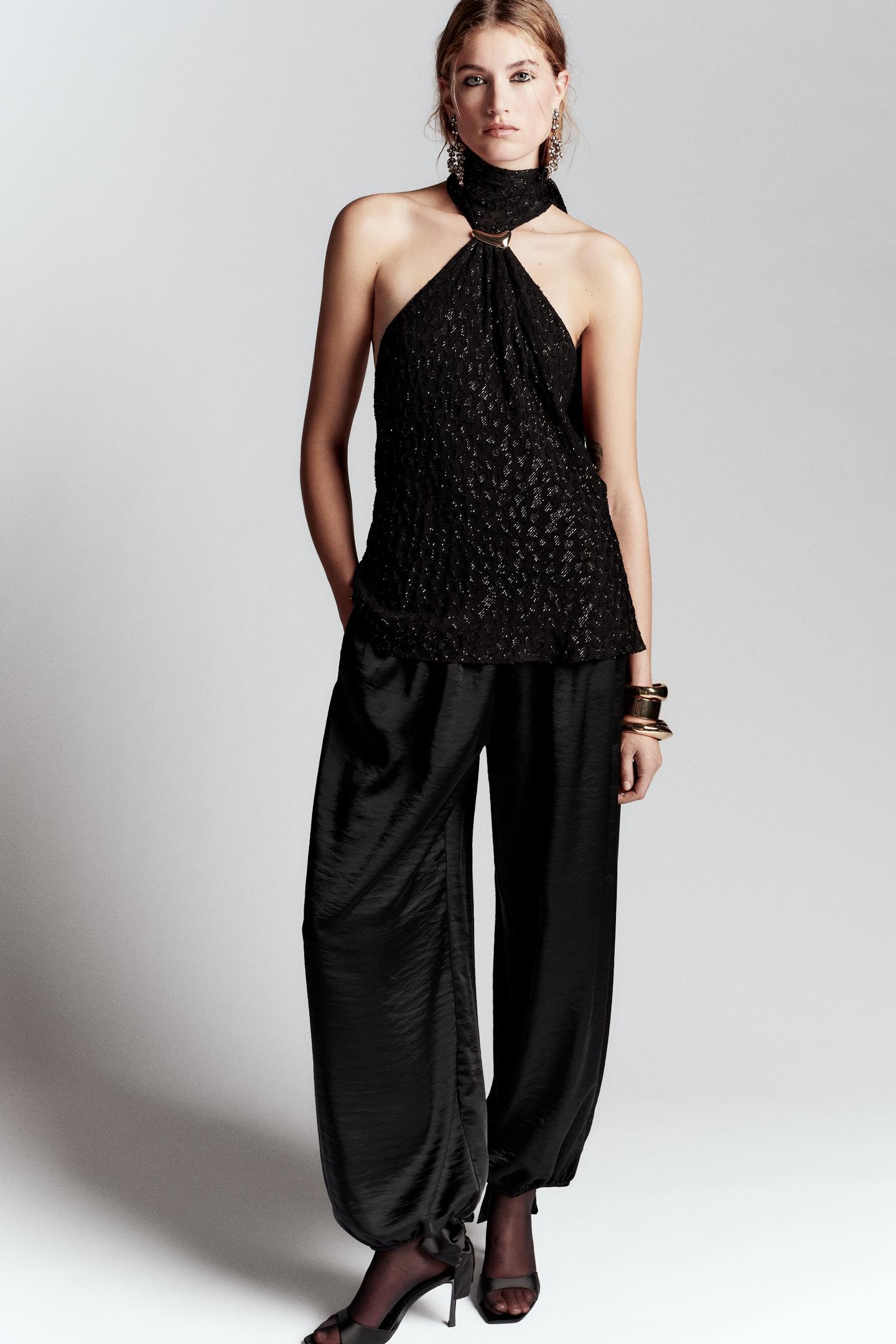 Zara Pantalón Bombacho Satinado - Negro