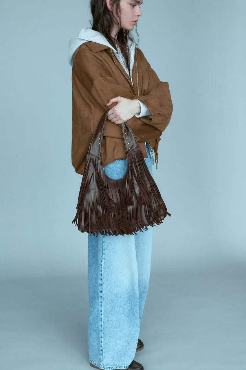 Bolso shopper con flecos marrón estilo hobo