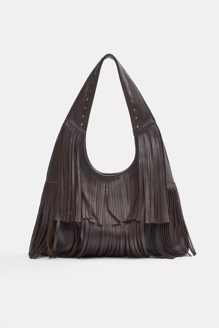 Bolso shopper con flecos marrón estilo hobo