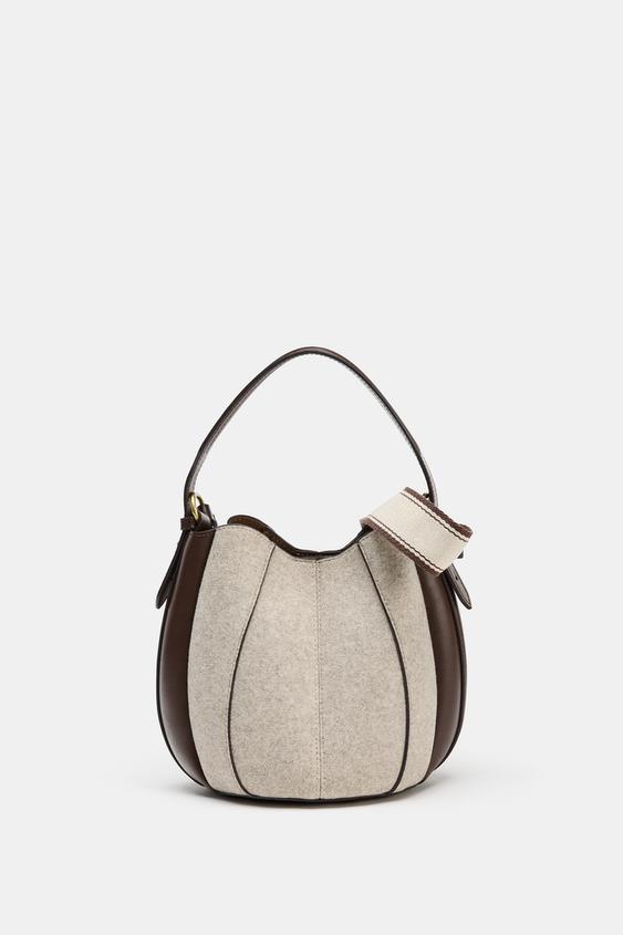 Bolso Saca con Pespuntes en Tejido Beige y Marrón Chocolate