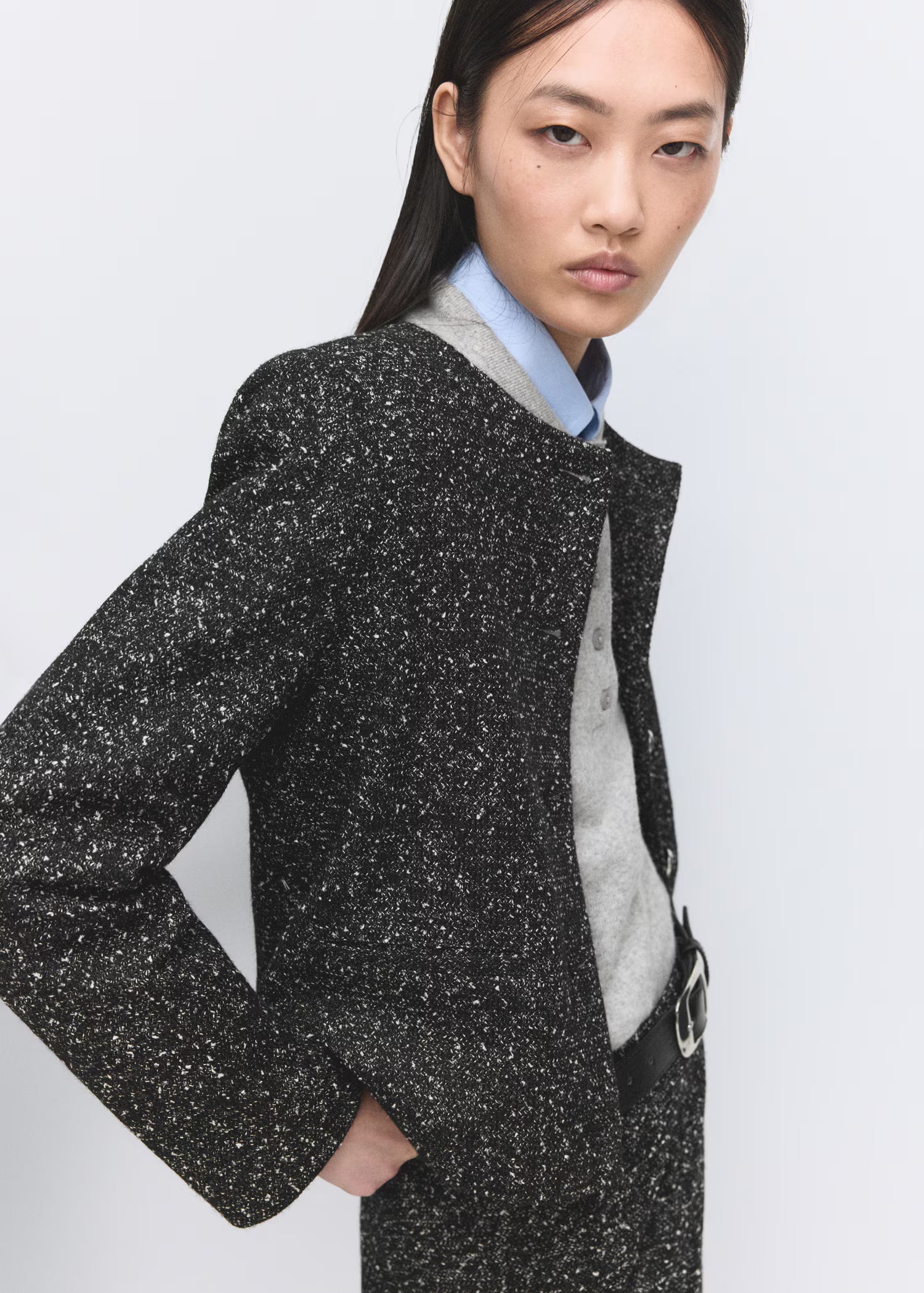 Chaqueta Mango de punto jaspeado negra