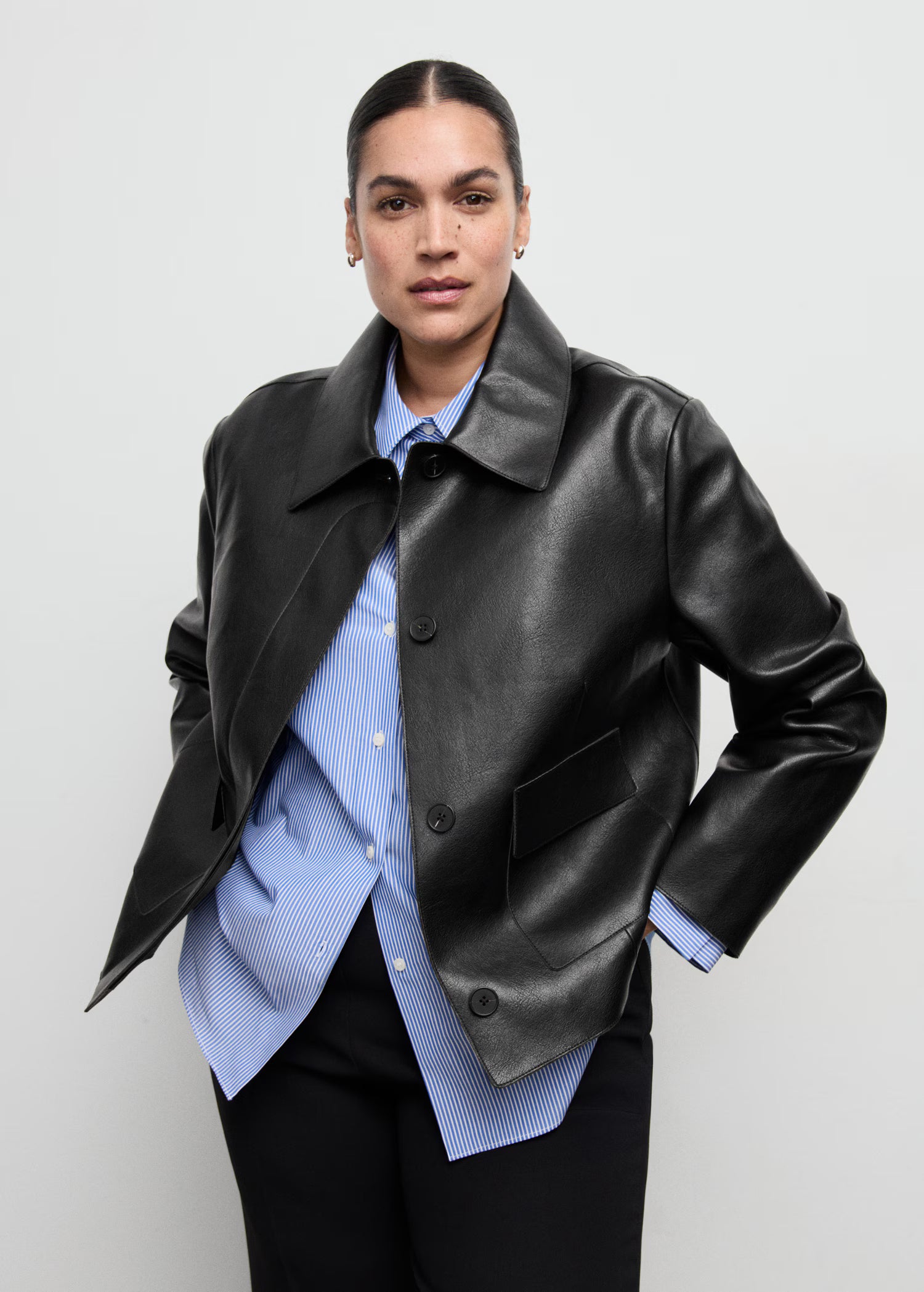 Chaqueta Mango efecto piel con bolsillos - Negro