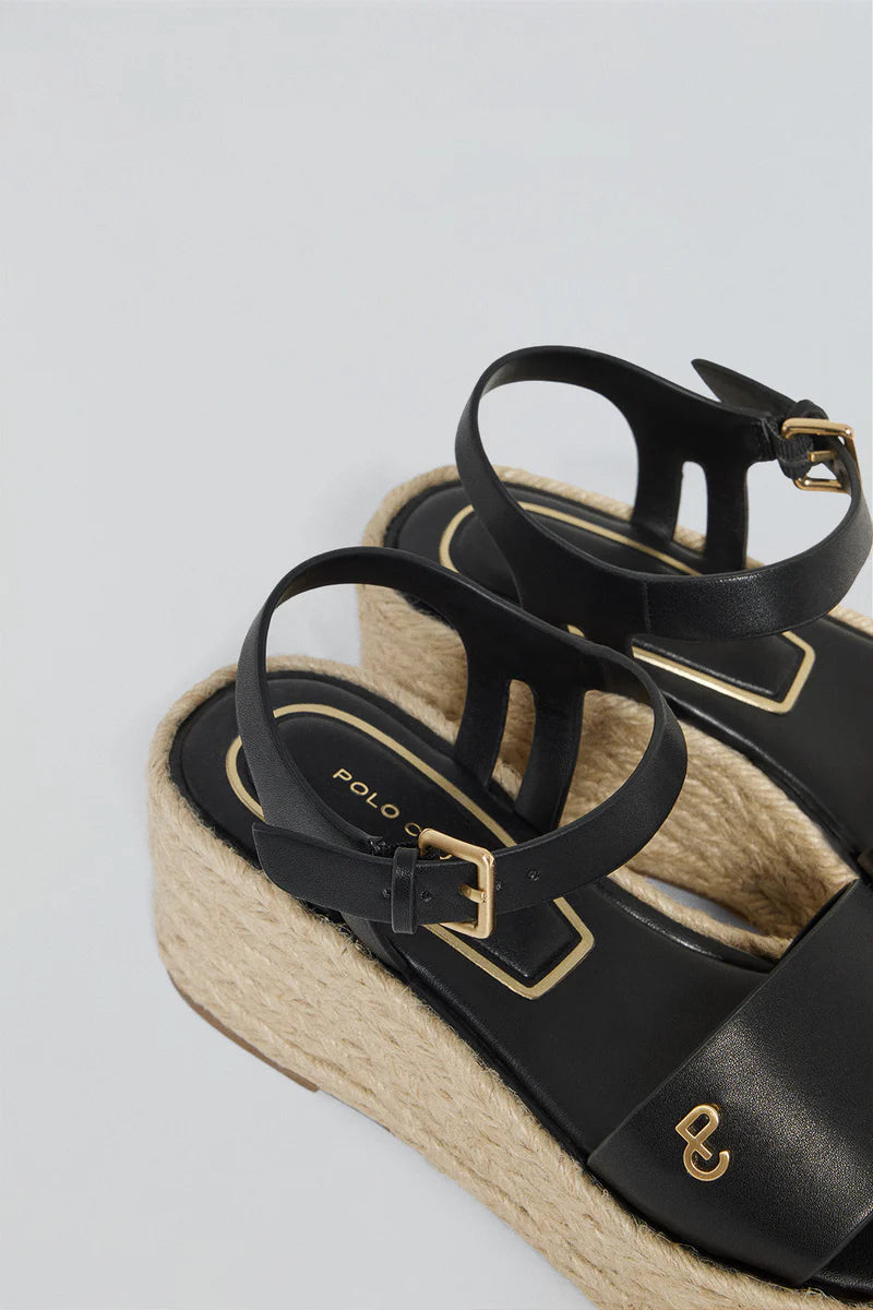 Sandalia de Cuña Negra de Yute Aurora con Detalle Metálico