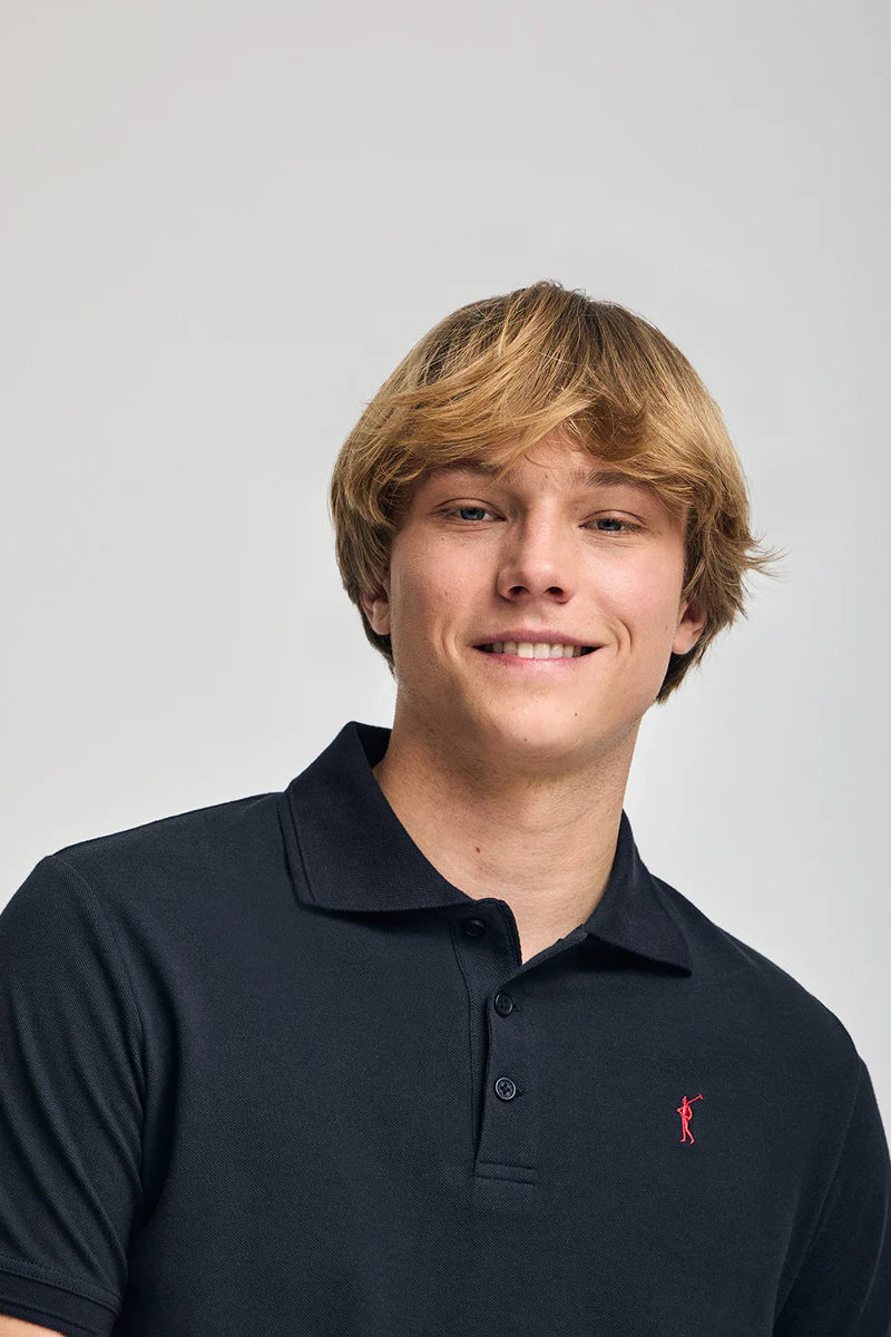 Polo azul marino de manga corta y tres botones con logo bordado Rigby Go