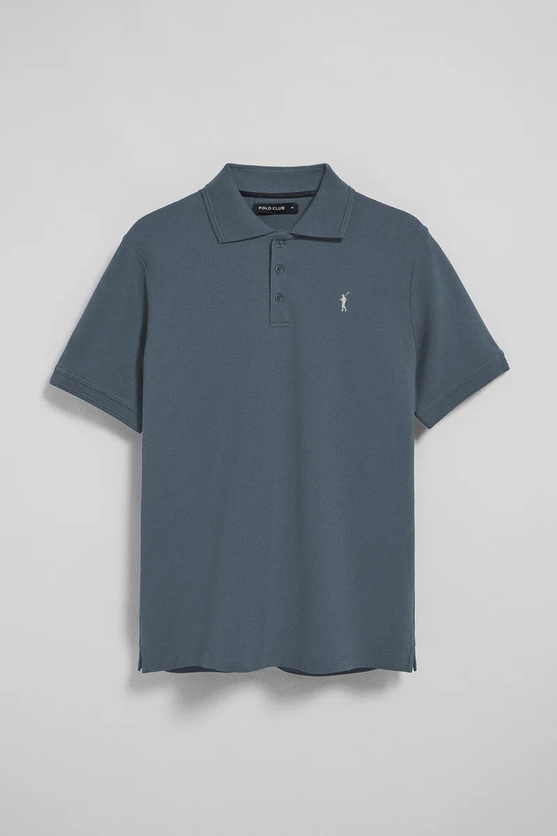 Polo azul denim de manga corta y tres botones con logo bordado Rigby Go