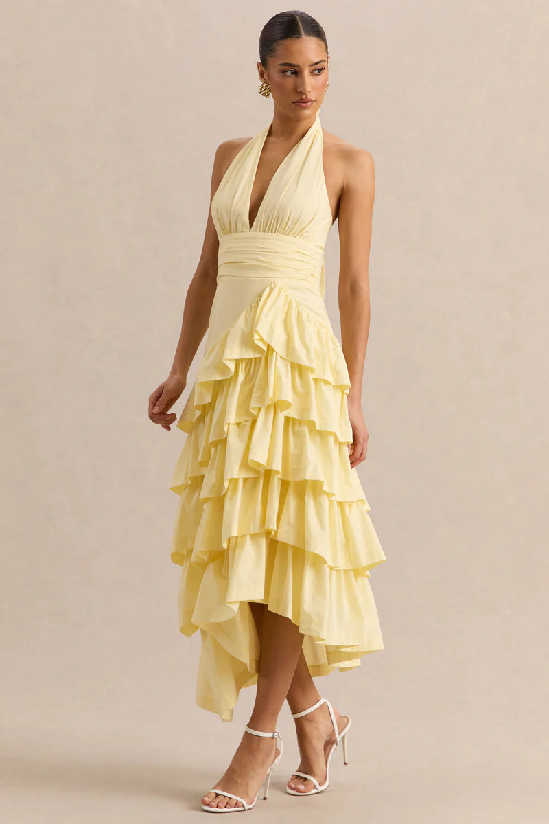 Vestido amarillo limón midi halter frente invitada cóctel graduación The Gia Street
