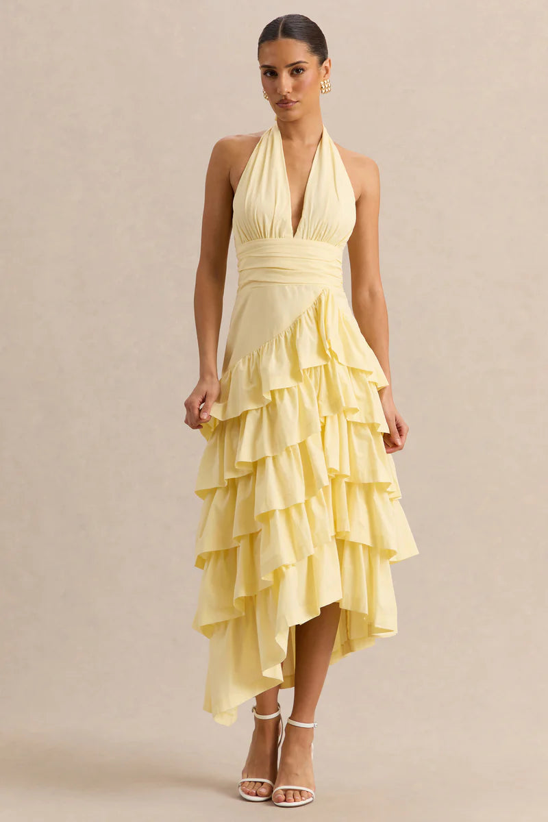 Vestido midi lino amarillo limón escote halter bajo asimétrico volantes The Gia Street