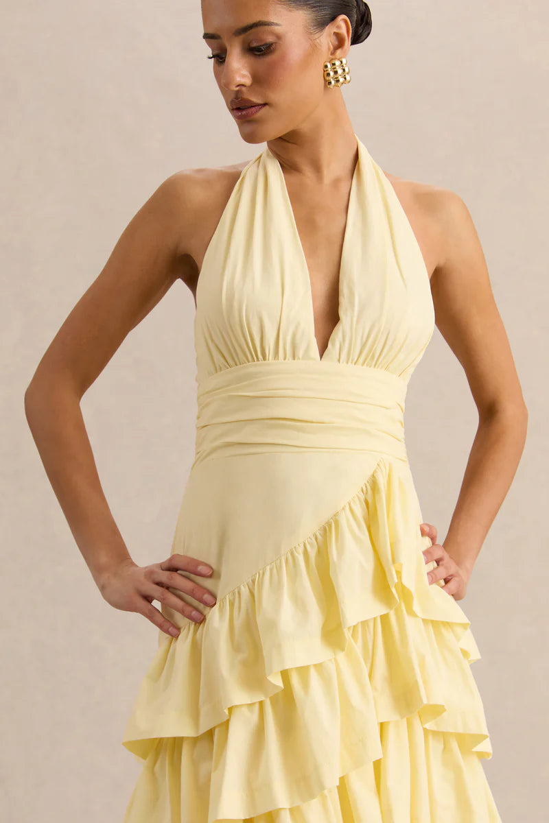 Vestido midi amarillo volantes asimétrico espalda detalle halter The Gia Street