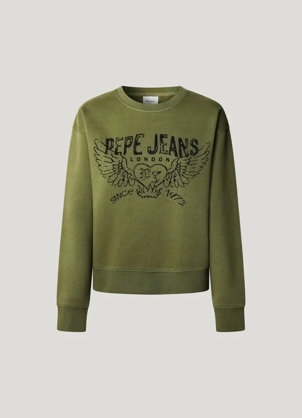 Pepe Jeans Sudadera Cuello Redondo con Logo - Khaki Green