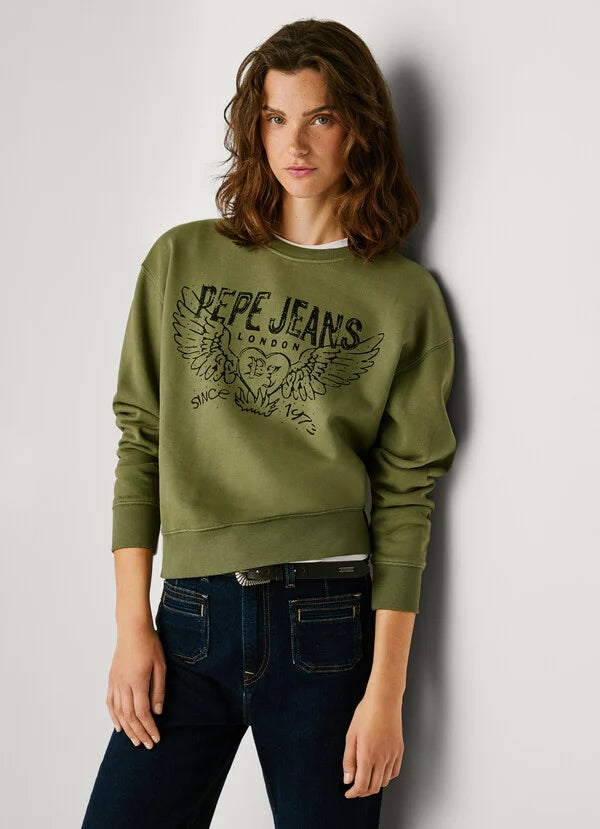 Pepe Jeans Sudadera Cuello Redondo con Logo - Khaki Green