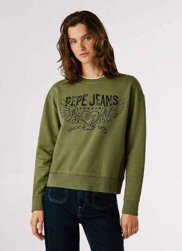 Pepe Jeans Sudadera Cuello Redondo con Logo - Khaki Green