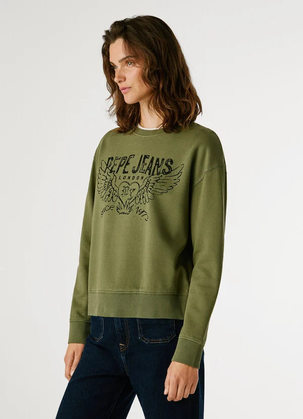 Pepe Jeans Sudadera Cuello Redondo con Logo - Khaki Green