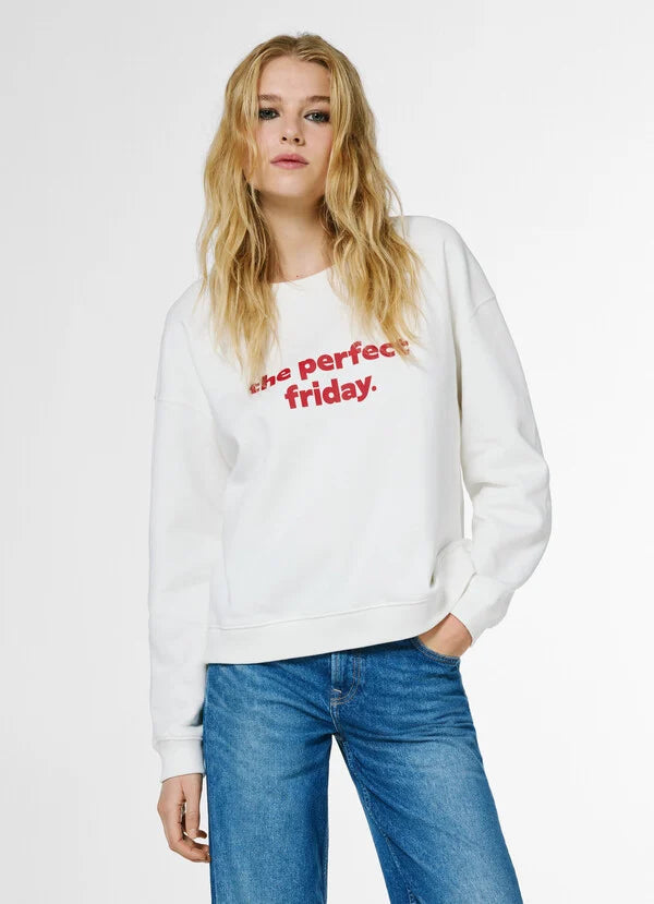 Pepe Jeans Sudadera Cuello Redondo con Texto Estampado - Blanco Roto