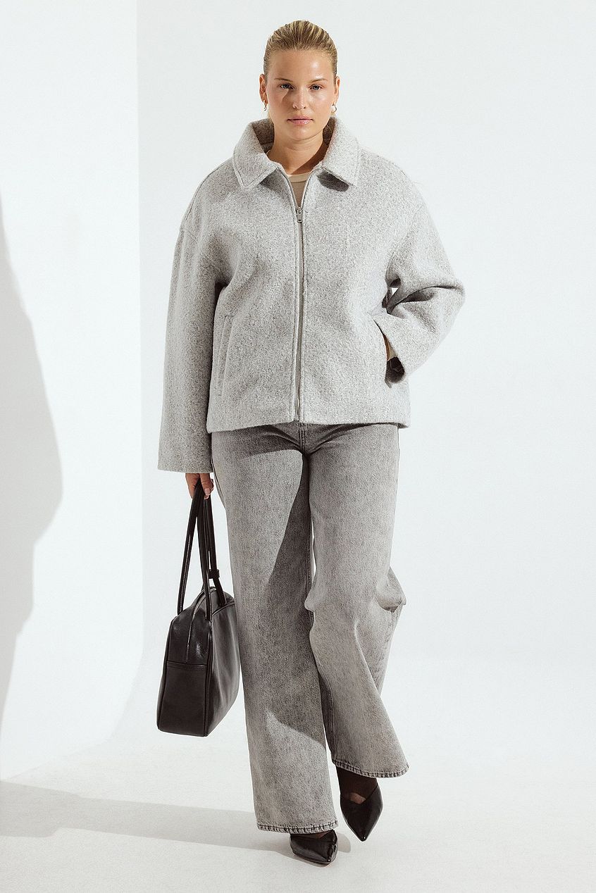 Chaqueta de Bouclé con Cremallera NA KD Gris Claro