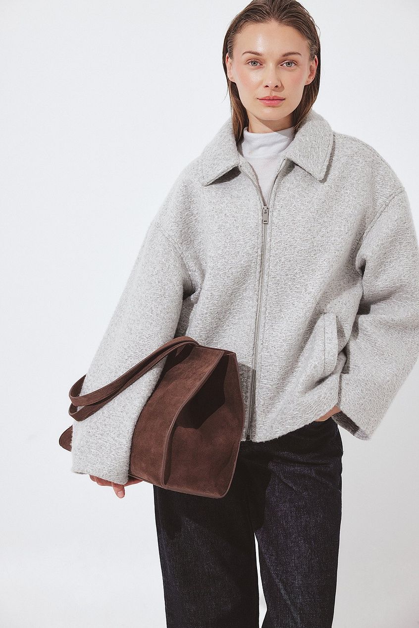 Chaqueta de Bouclé con Cremallera NA KD Gris Claro