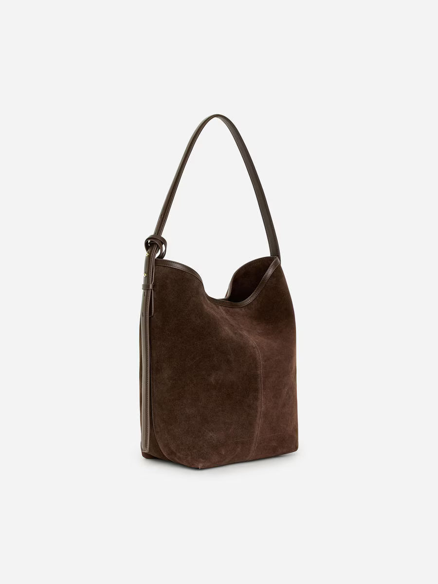 Dream Coffee — Bolso Bucket Ante Cuero Marrón Oscuro