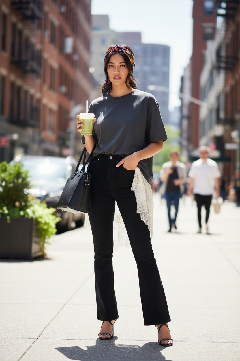 Chica con matcha en la calle con outfit completo