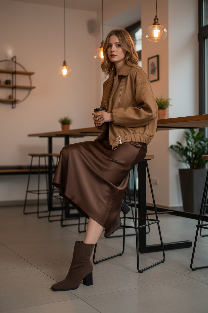 Chica con outfit bomber en café chic