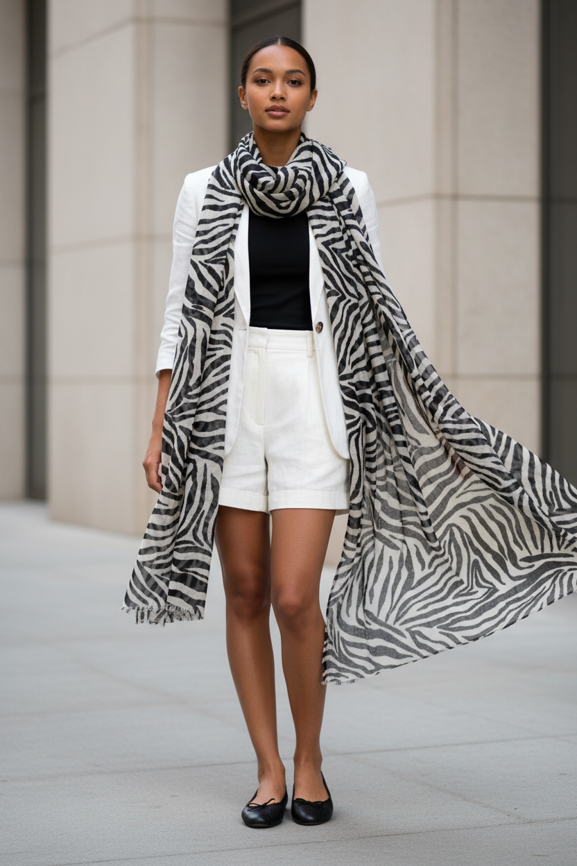 Chica con outfit completo y fular zebra grande