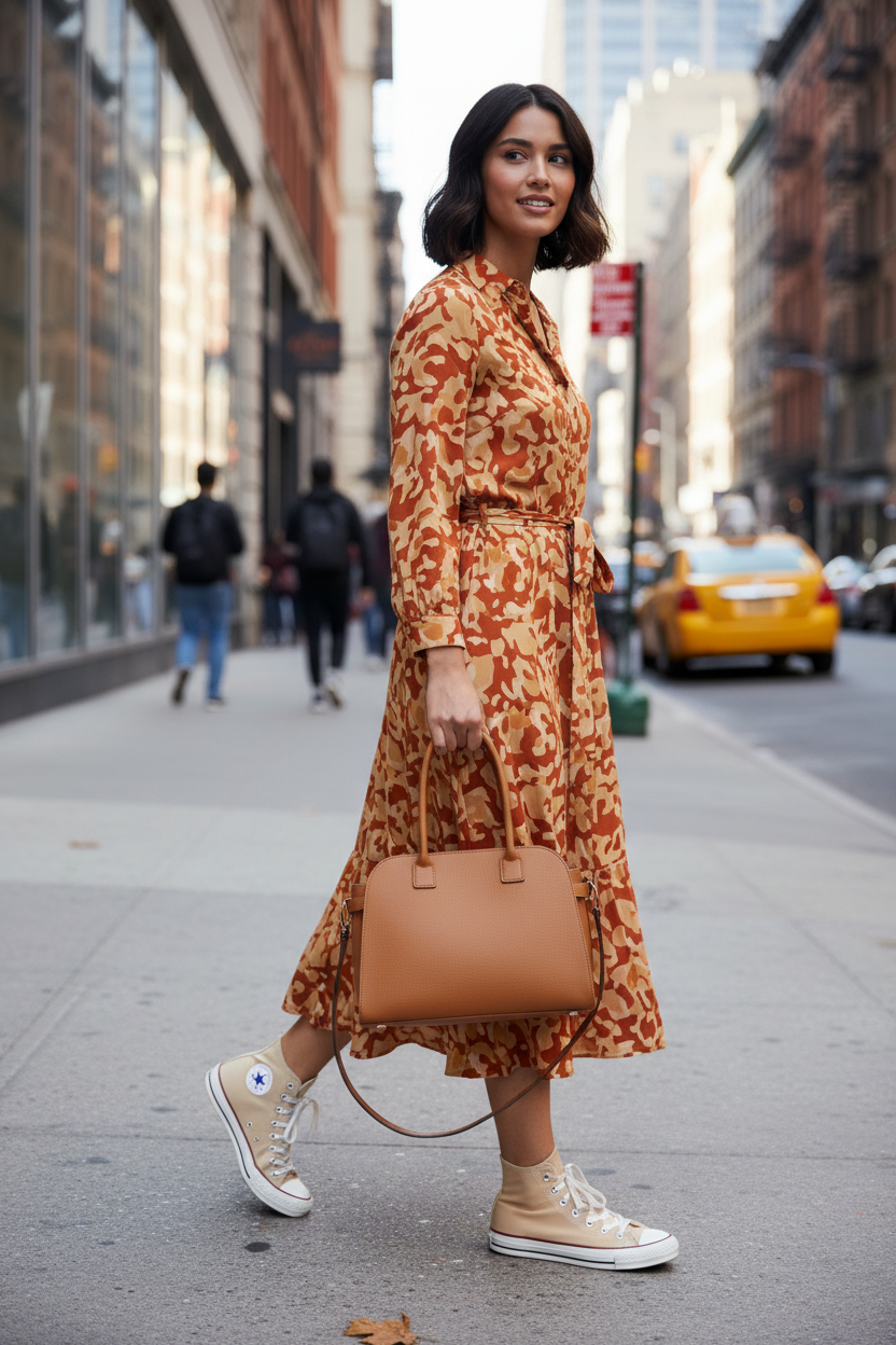 Chica con vestido estampado naranja y camel con bolso Midara en camel