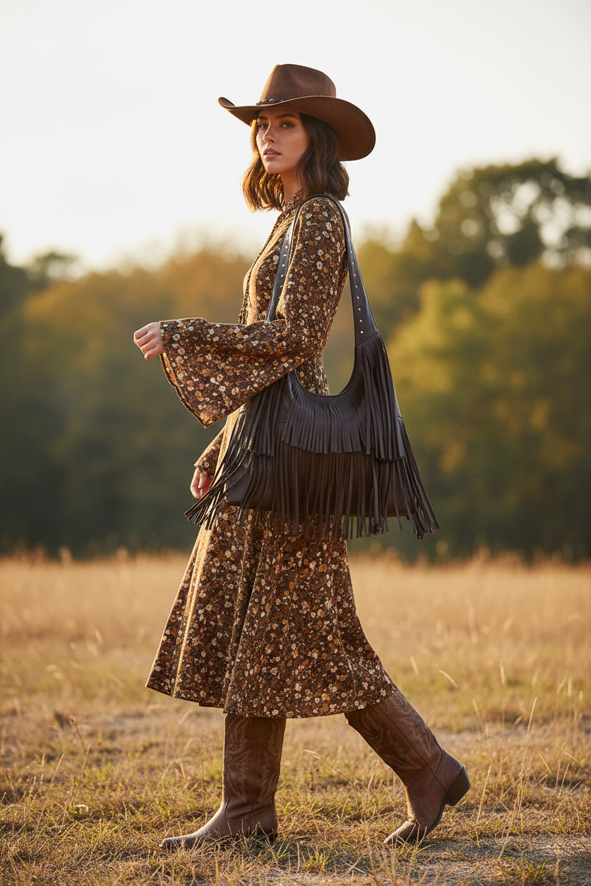 Chica con vestido hobo marrón y bolso con flecos