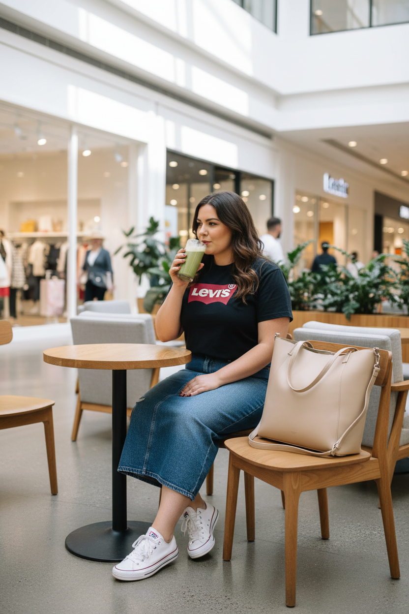 Chica curve morena con falda vaquera tomando matcha con bolso Tocro beige en shopping