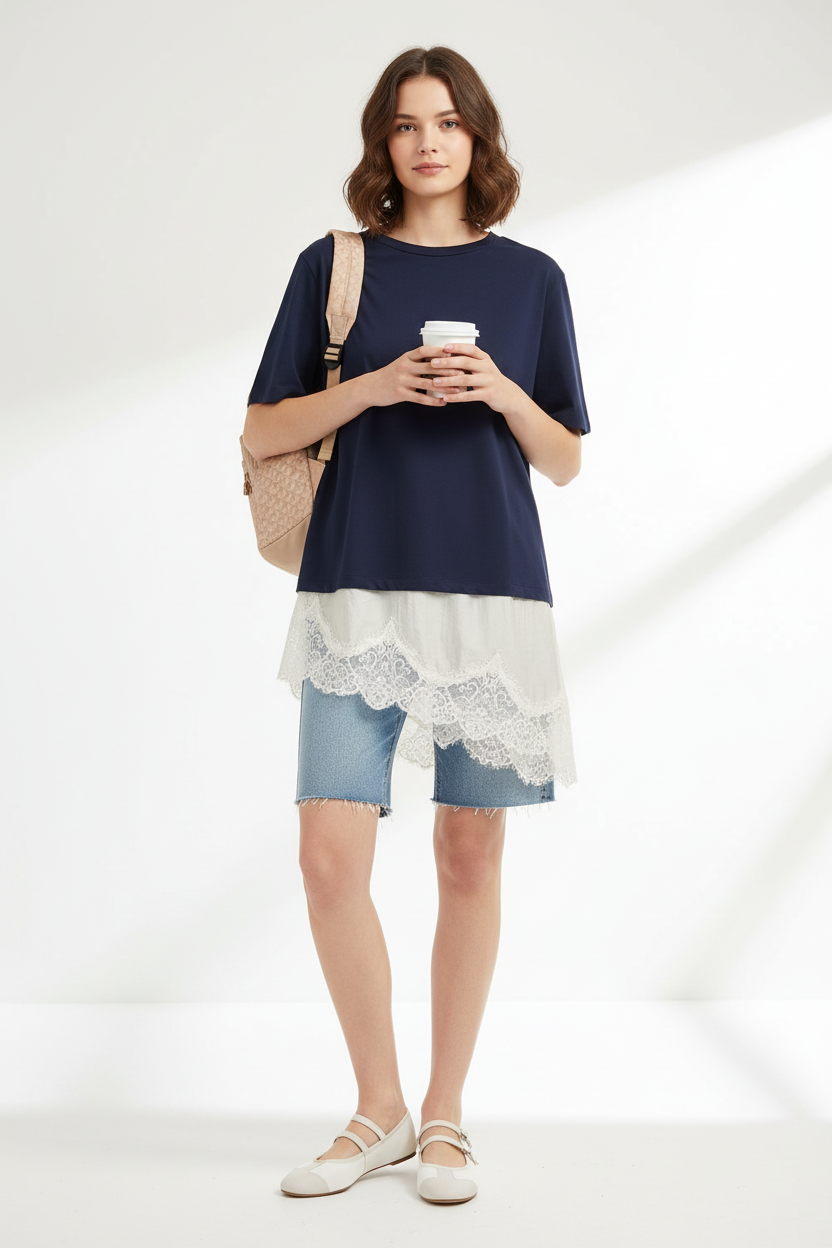 Chica de frente con café y mochila beige