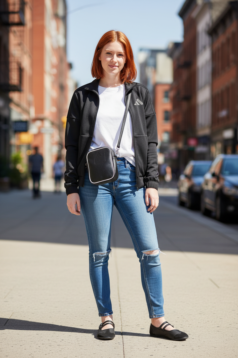Chica pelirroja con outfit Adidas y bailarinas Pull&Bear