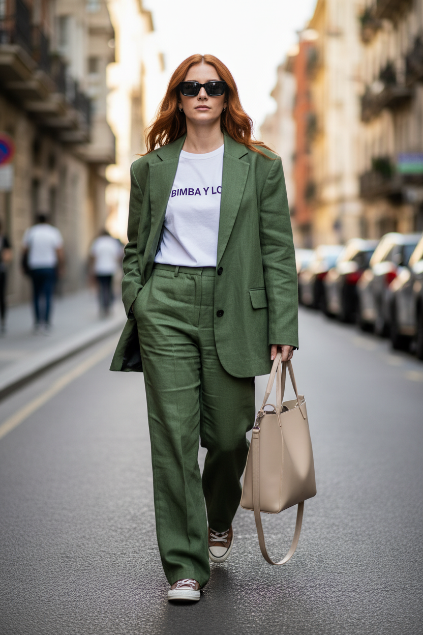 Chica pelirroja con traje de lino verde musgo y bolso Tocro beige