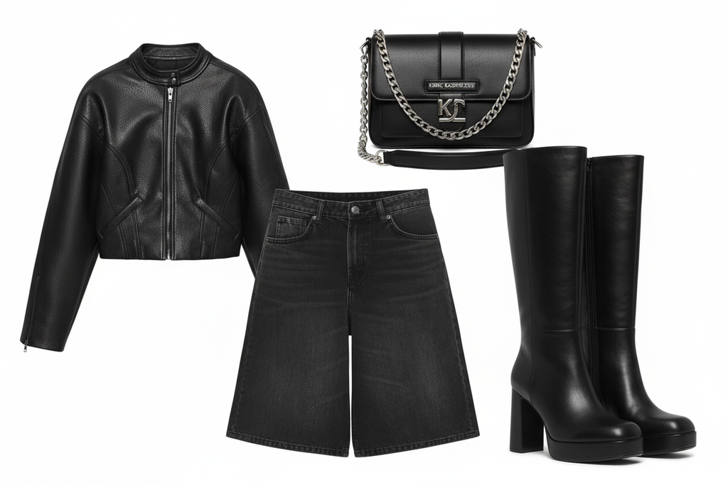 Collage outfit biker con bolso Lagerfeld