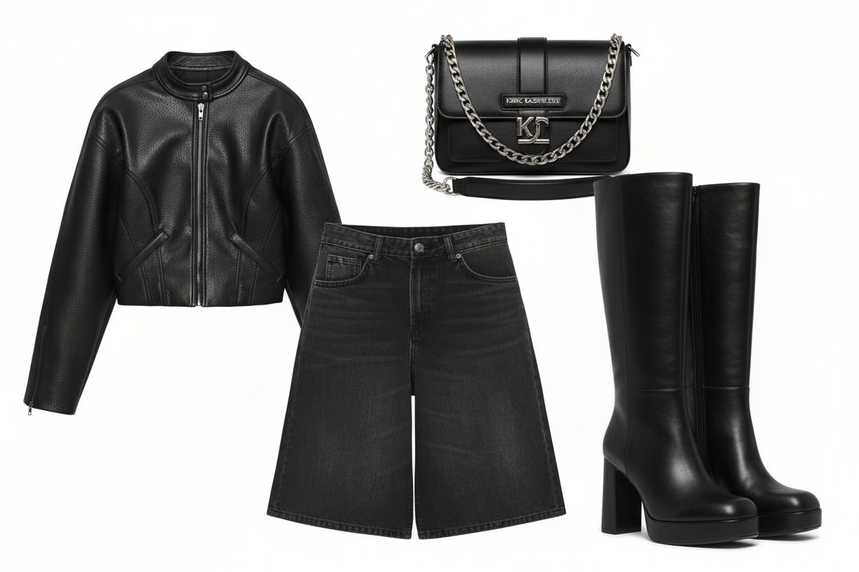 Collage outfit biker con bolso Lagerfeld