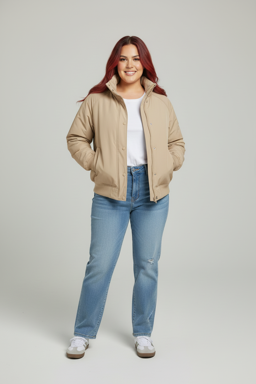 GIA alta con chaqueta PUFFERTECH beige y vaqueros