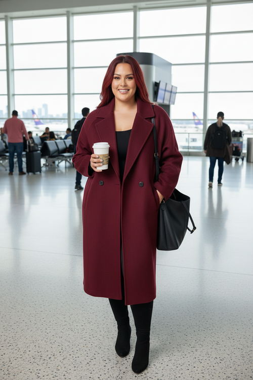 GIA con abrigo oversize burdeos en aeropuerto