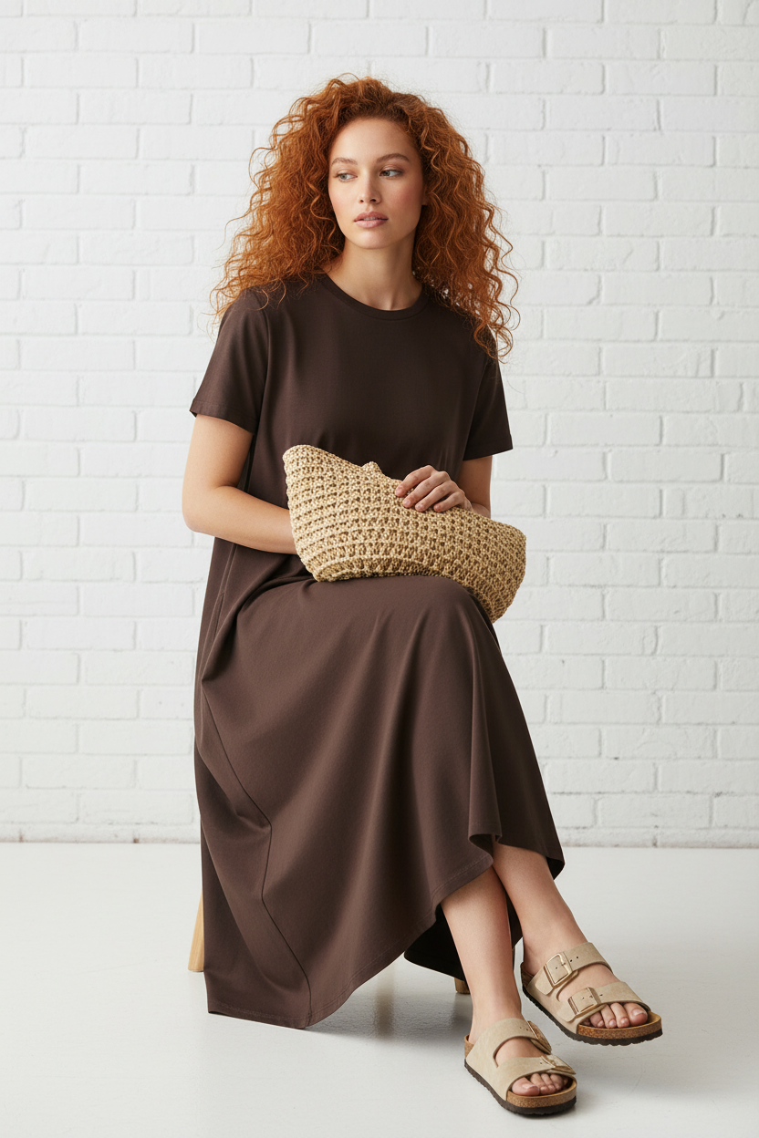 Gia — Dream Coffee sentada piernas cruzadas bolso rafia Birkenstock