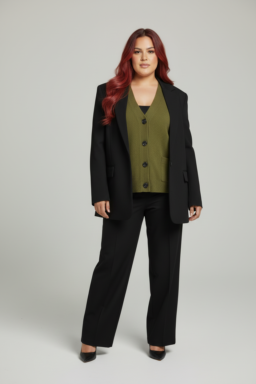 GIA estilizada con cárdigan verde y blazer